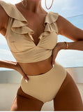 Lace V-neck Ruffled High Waist Bikini