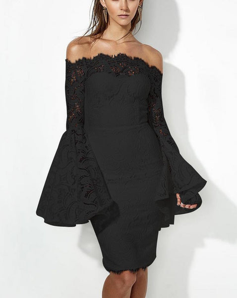 Lace Long Sleeves Bodycon Off-the-shoulder Midi Dress