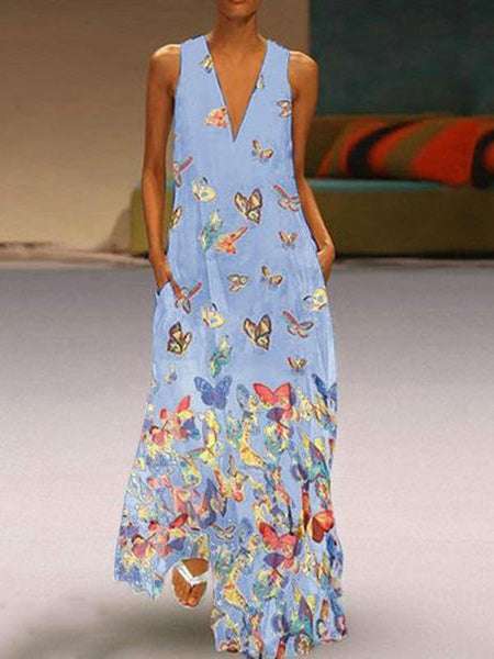 Fashion Butterfly Printed V-neck Maxi Dresses