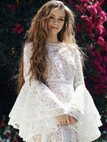 White Lace Flared Sleeves Tiered Falbala Midi Dress