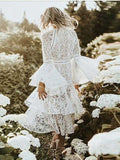 White Lace Flared Sleeves Tiered Falbala Midi Dress