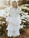 White Lace Flared Sleeves Tiered Falbala Midi Dress