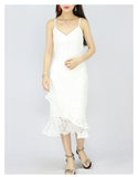 Women A Line Lace V-Neck Cocktail Party Midi Skirt Spaghetti Strap Dress