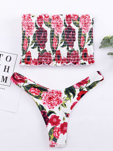 Floral Shirred Bandeau Bikini Set
