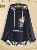 Side Button Stripe Patchwork Long Sleeve Cartoon Print  Hoodie