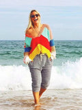 V-neck Backless Knitting Striped Rainbow Colored Sweater Tops