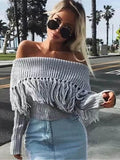 Glamorous Tasseled Off-the-shoulder Long Sleeve Sweater Tops