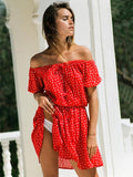 Red Summer Floral Printed Off-the-shoulder Short Sleeves Mini Dress