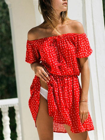 Red Summer Floral Printed Off-the-shoulder Short Sleeves Mini Dress