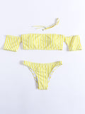 Off Shoulder Striped Short Sleeve Bikini Set