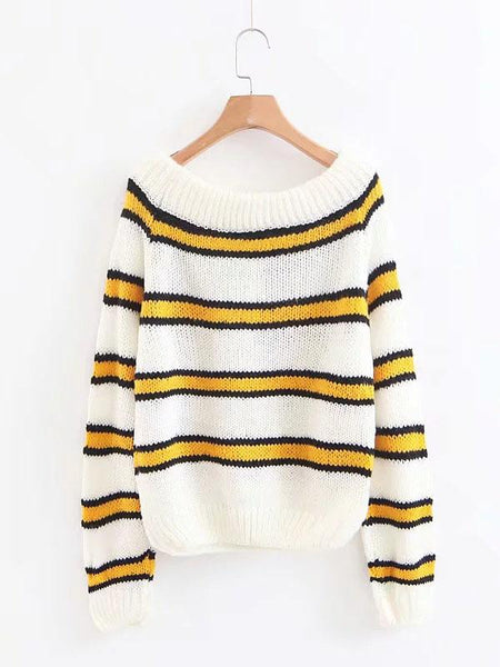 Advanced Striped Puff Sleeve Sweater Tops