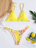 Yellow Floral Print Bandeau Bikini Set