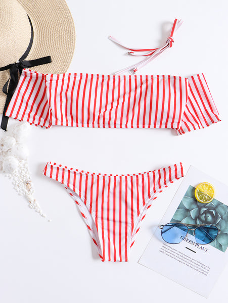 Off Shoulder Striped Short Sleeve Bikini Set