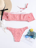 Off Shoulder Striped Short Sleeve Bikini Set