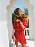 Red Summer Floral Printed Off-the-shoulder Short Sleeves Mini Dress