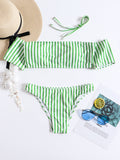 Off Shoulder Striped Short Sleeve Bikini Set