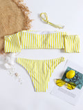 Off Shoulder Striped Short Sleeve Bikini Set