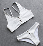 White And Black Padded Ribbed Texture Buttons Bikini Set