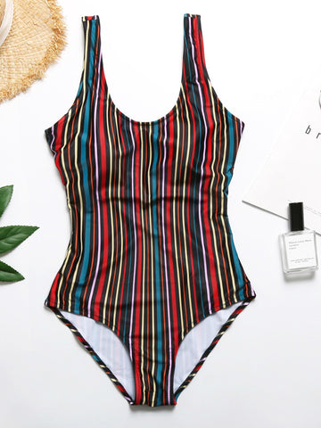 Colorful Striped Cutout Tied Swimsuit