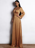 LONG SKIRT WAVE PRINT V-NECK SPLIT LONG SLEEVE DRESS