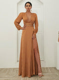 LONG SKIRT WAVE PRINT V-NECK SPLIT LONG SLEEVE DRESS