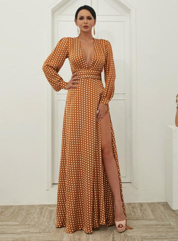 LONG SKIRT WAVE PRINT V-NECK SPLIT LONG SLEEVE DRESS