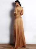 LONG SKIRT WAVE PRINT V-NECK SPLIT LONG SLEEVE DRESS
