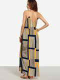 Sexy Summer Yellow Plaid Spaghetti Straps V Neck Maxi Dress