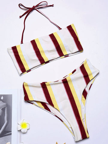 Convertible Strap Halter Sexy Vertical Stripes Backless Bikinis Swimsuits