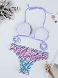 Purple Shell Wave Halter String Printed Backless Bikinis Swimsuits