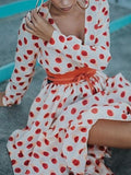 Red Polka-dot V-Neck Long Sleeves Maxi Dress
