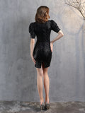 V-NECK SHORT SLEEVE SEQUINS PARTY DRESS
