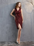 WOMEN SHORT V-NECK SEQUINS PARTY DRESS