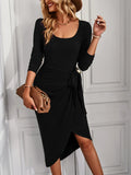 SQUARE NECK KNITTED LONG SLEEVE DRESS
