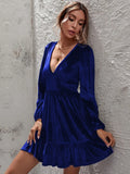 DEEP V-NECK PUFF SLEEVE VELVET RUFFLED DRESS