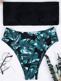 Swimwear Women Swimsuit High Waist Black Leaves Print Bandage Bikini