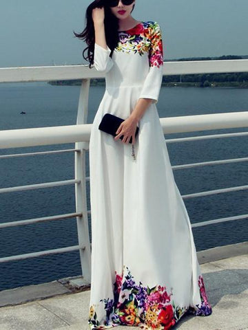 WHITE Printed Round Neck Maxi Dress
