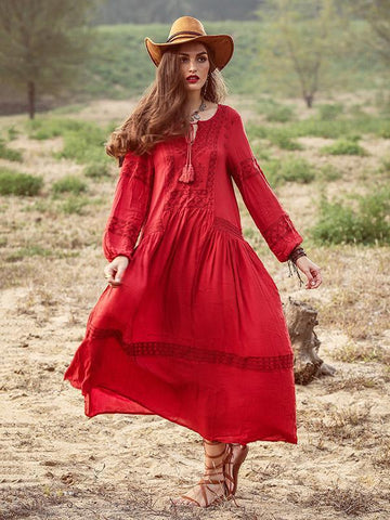 Red Bohemia Inwrought Long Sleeve V Neck Beach Long Dress
