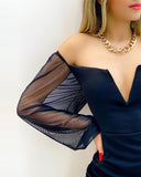 Women Sexy V-Cut Off Shoulder Sheer Mesh Bodycon Dress