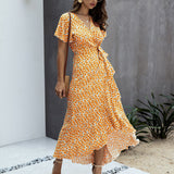 Pink Female Polka Dot Sexy V-neck Ruffle Short-sleeved Beach Vacation Summer Dress