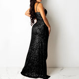 Sexy Spaghetti Strap Rhinestone Mesh Sequined Maxi Dress
