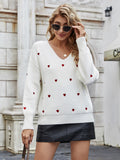 V Neck Embroidery Heart Sweater Women Pullover Knitwear
