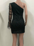 Draped Glitter One Shoulder Sheer Mesh Ruched Dress