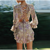 Women Sexy Floral  Chiffon Flared Sleeve Backless Lace Up Mini Dress
