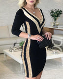 Sequins Colorblock Long Sleeve Dress Women Sexy Bodycon Party Dress