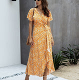 Pink Female Polka Dot Sexy V-neck Ruffle Short-sleeved Beach Vacation Summer Dress