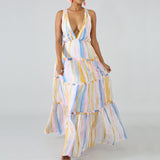 Striped Print Hallow Out Criss Cross Sexy Sweet Dresses