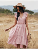 Hollow Out Ruffle Pink Lace Slim Elegant Dresses