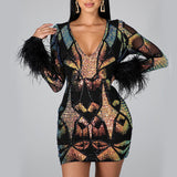 Patchwork Print Skinny Ostrich Feather Sequins Sexy Party Dress