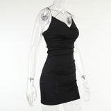 Women Back Cross Sleeveless Draped V-Neck Mini Sundress Party Dress